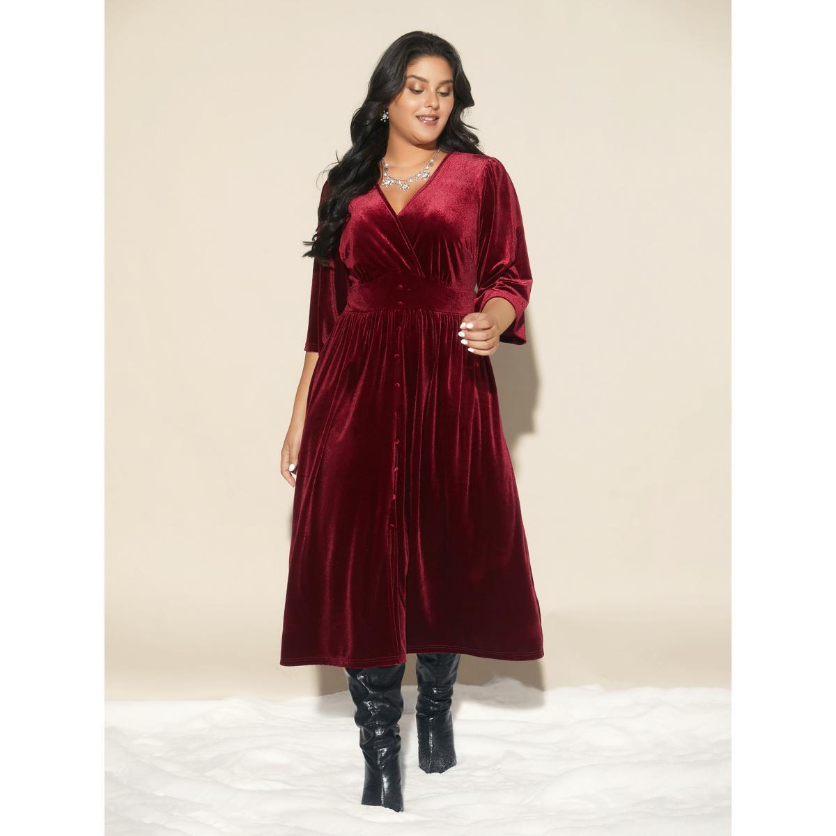 Plus Size Velvet Ruched Surplice Neckline Midi Dress Teal Women Cocktail Texture Party Curvy Bloomchic 18-20/2X Product Image