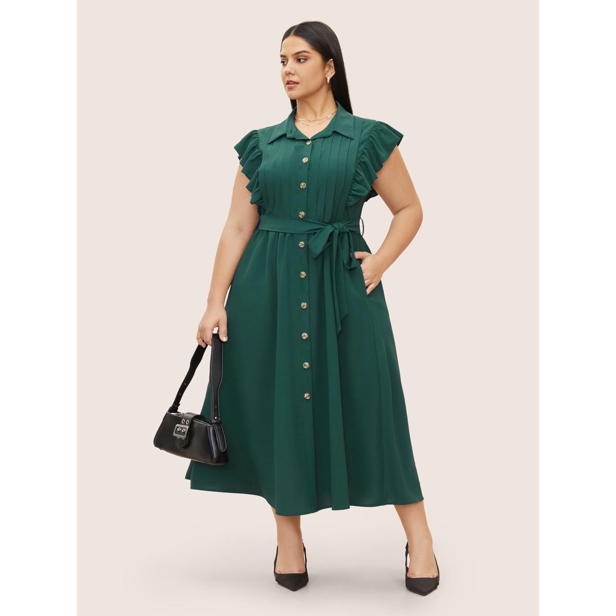 Plus Size Shirt Collar Solid Pleated Ruffle Cap Sleeve Dress DarkGreen Women At the Office Gathered Shirt collar Cap Sleeve Curvy Midi Dress BloomChic 30/6X Product Image