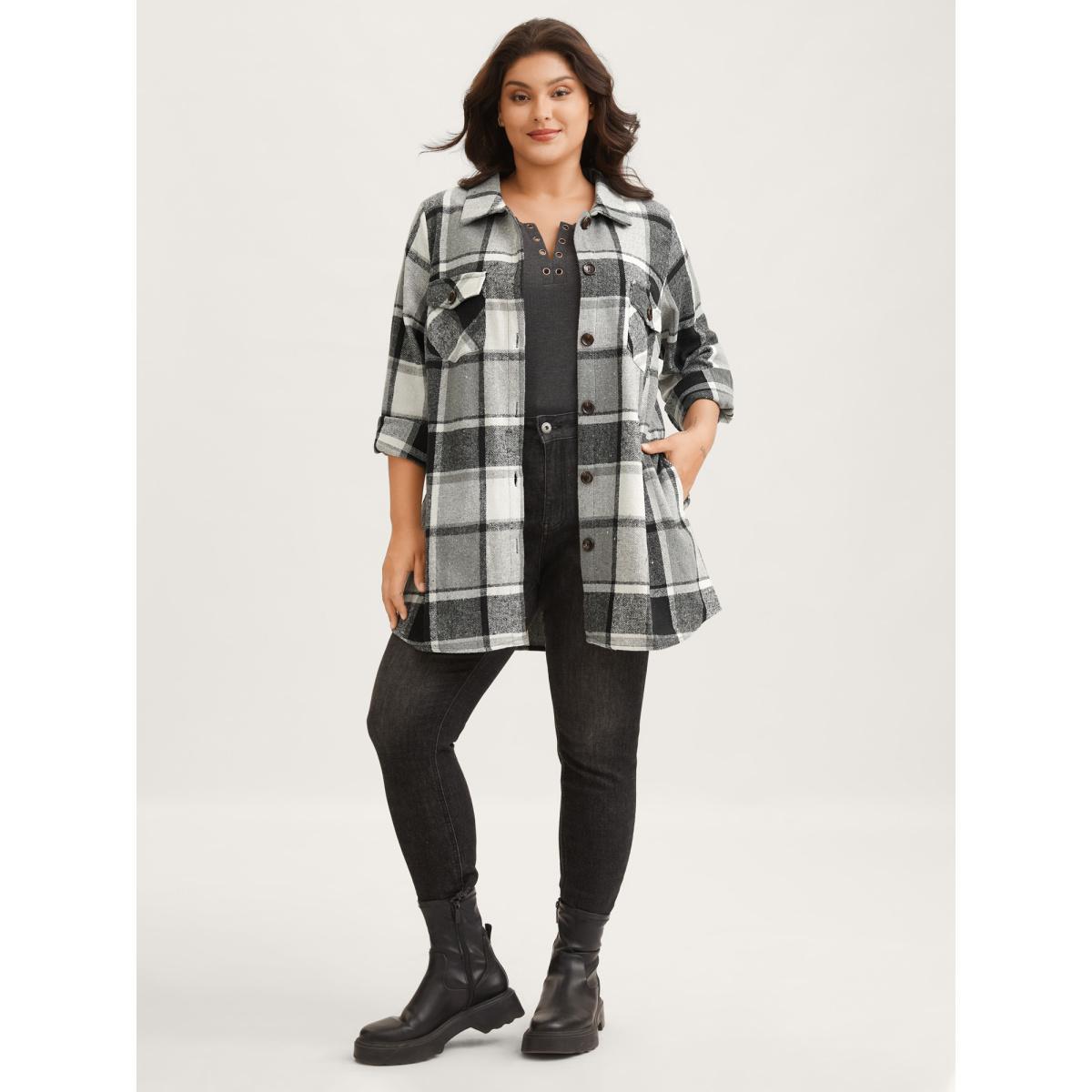 Plus Size Plaid Chest Pockets Long Jacket Women Black Button Loose Side seam pocket Everyday Jackets BloomChic 26/4X Product Image