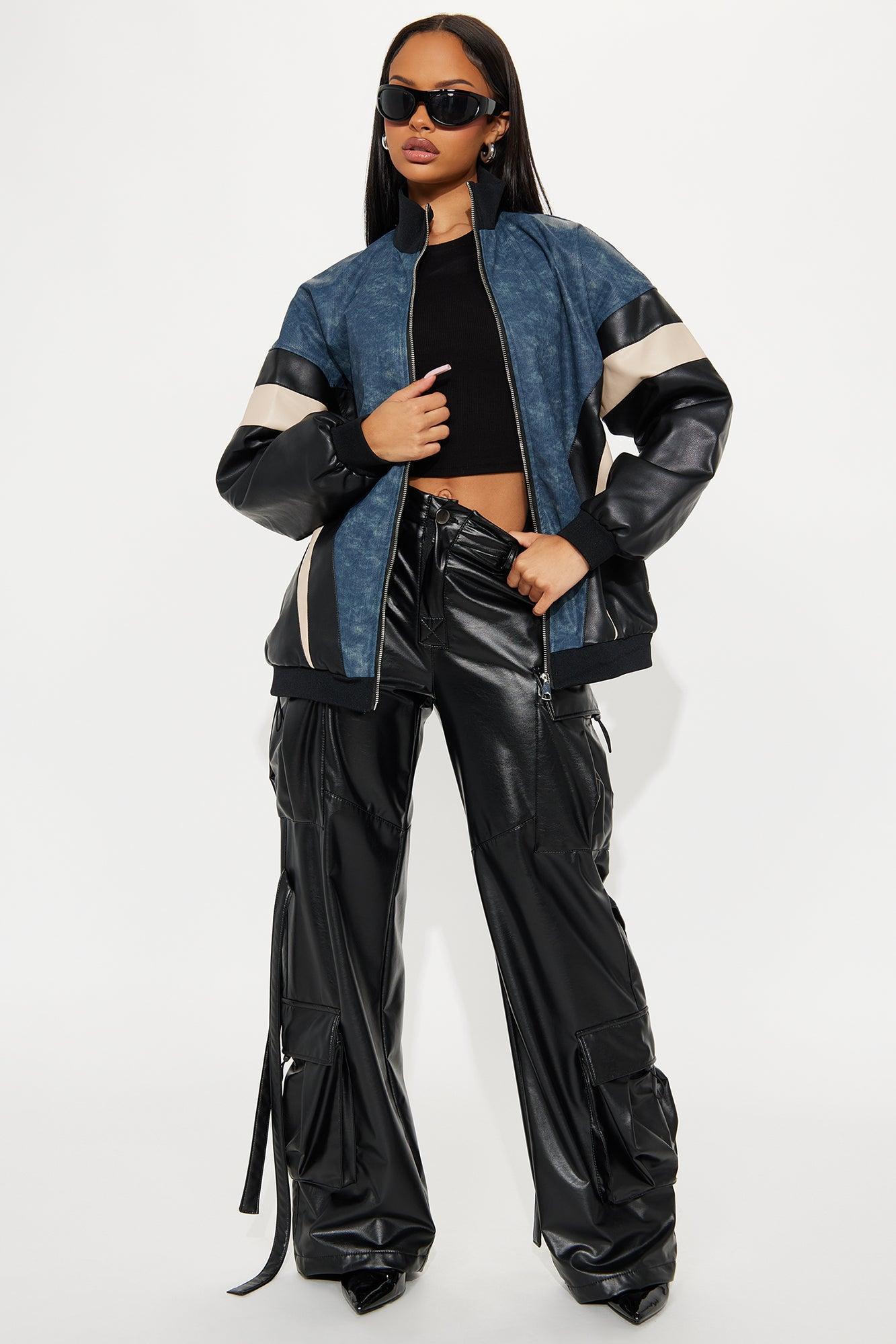 Jaded Oversized Faux Leather Bomber Jacket - Navy/combo Female Product Image