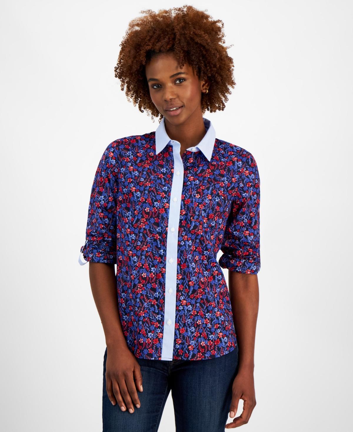 Tommy Hilfiger Floral Roll Tab (Sky Captain/Scarlet) Women's Clothing Product Image