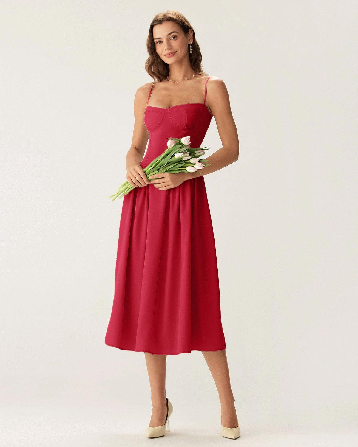 Red Square Neck Pocket Slip Midi Dress Product Image
