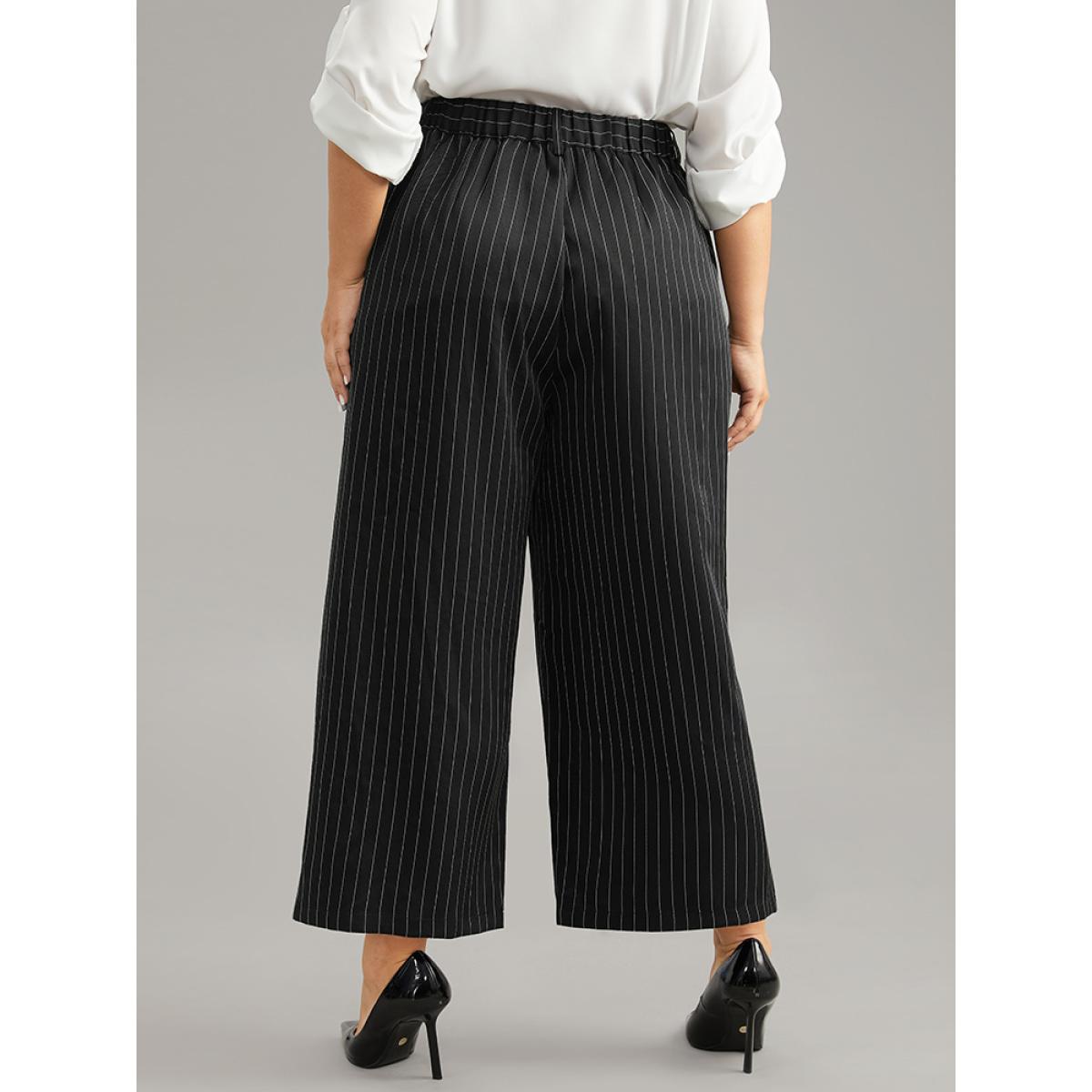 Plus Size Striped Button Up Wide Leg Pants Women Black Workwear Essentials Wide Leg High Rise Work Pants BloomChic 10/M Product Image