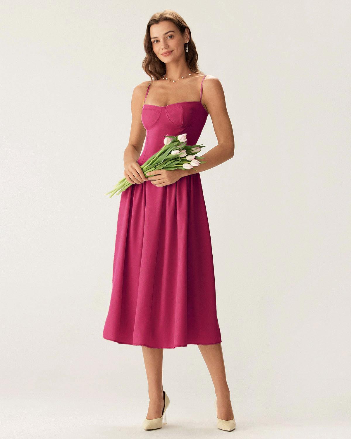 Navy Square Neck Pocket Slip Midi Dress Product Image