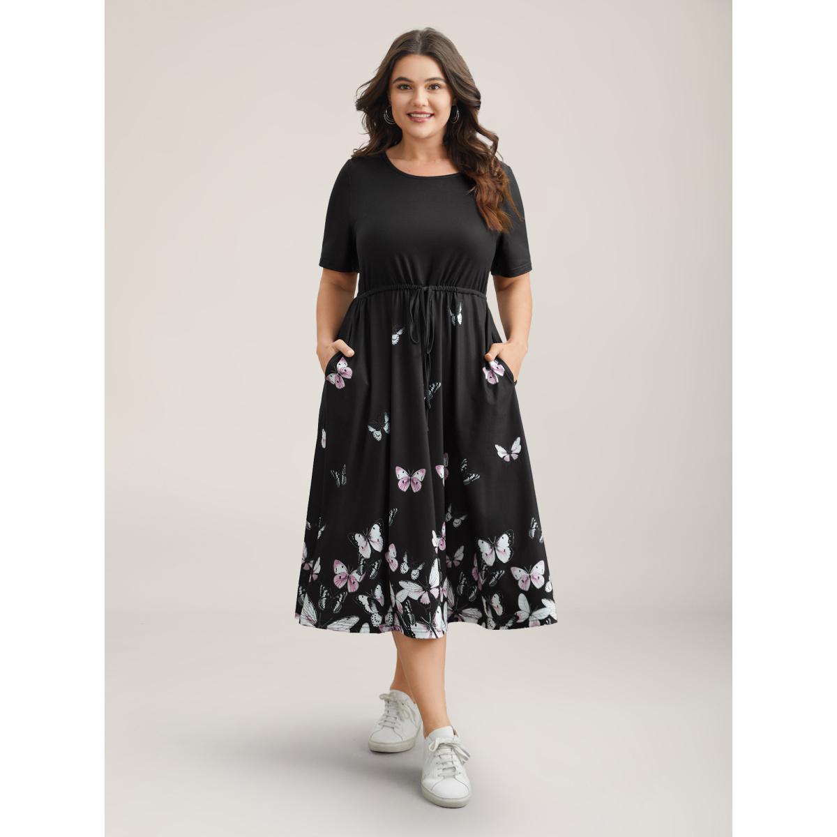 Plus Size Butterfly Print Waist-Tie Midi Dress BlackFlower Women Casual Drawstring Knit Dresses Bloomchic 22-24/3X Product Image