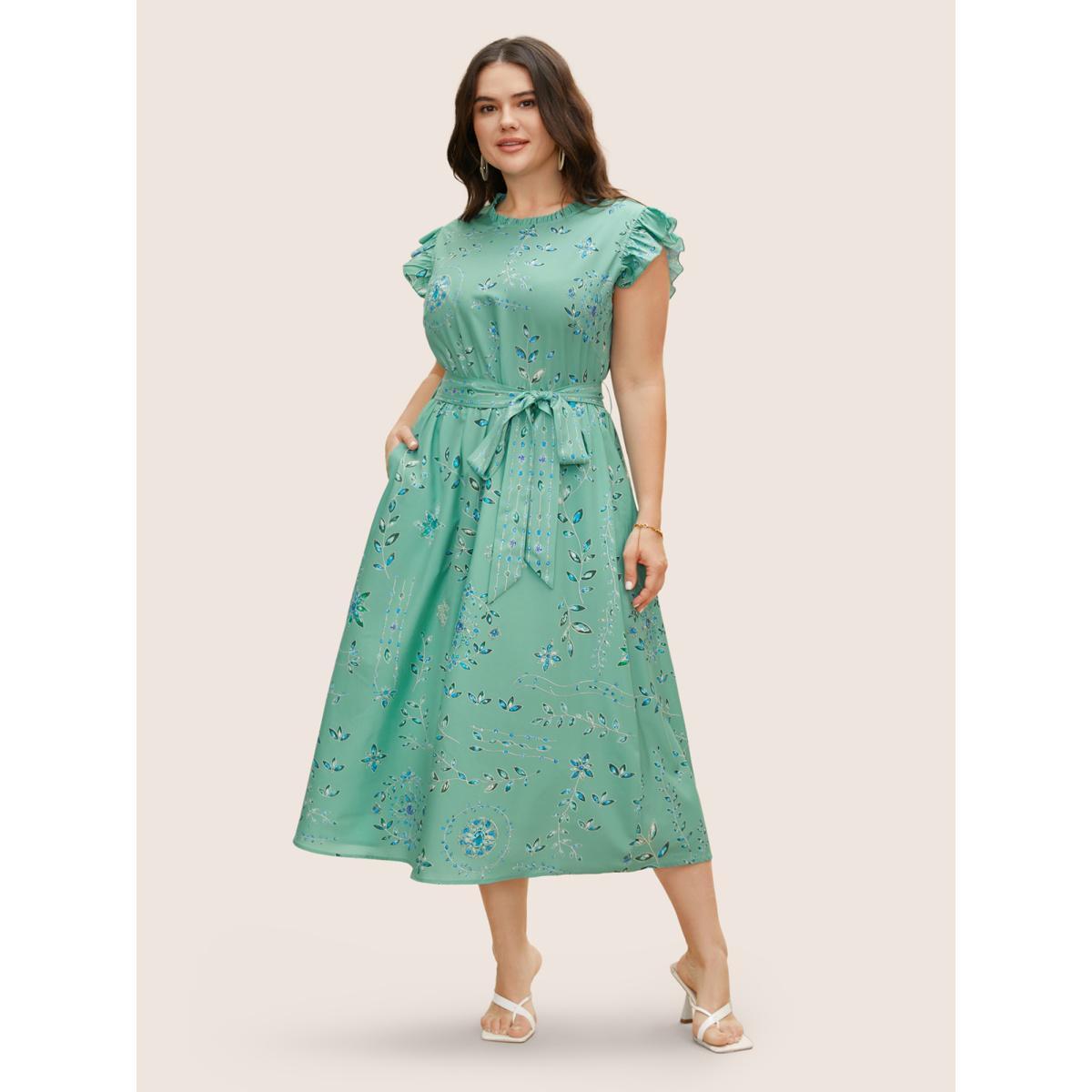 Plus Size Mock Neck Floral Ruffle Cap Sleeve Dress Palemauve Women Elegant Belted Mock Neck Cap Sleeve Curvy BloomChic 28/5X Product Image