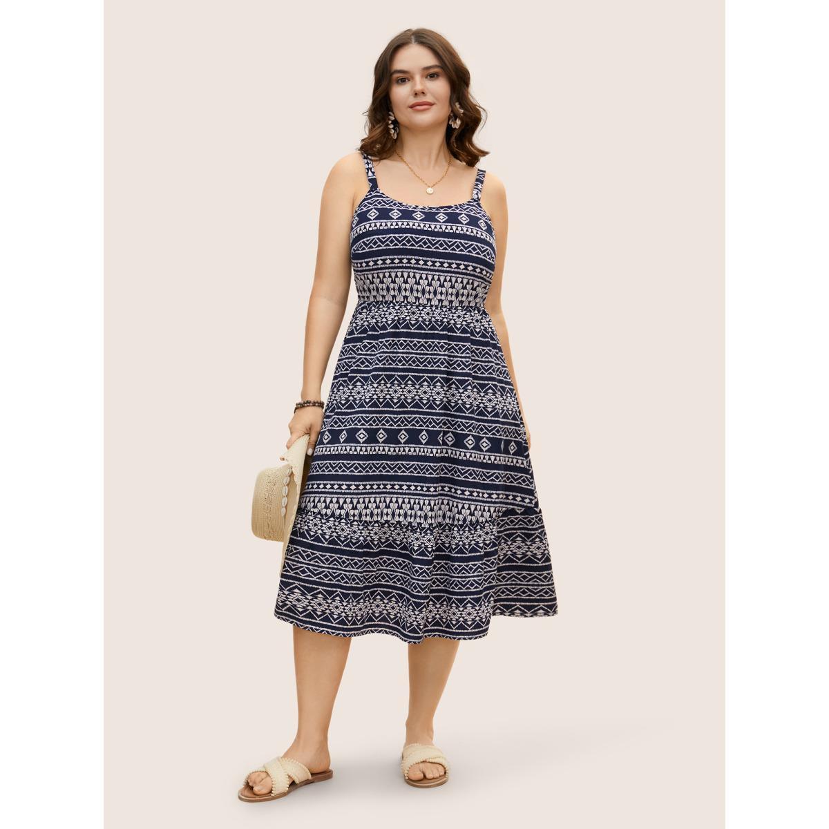 Plus Size Geometric Bandana Print Elastic Waist Midi Dress DarkBlue Women Resort Non Round Neck Sleeveless Curvy BloomChic 14-16/1X Product Image