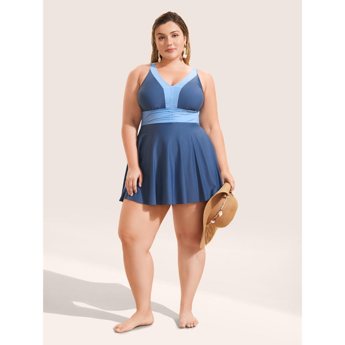 Plus Size Two Tone Patchwork Gathered Swim Dress Women's Swimwear Aegean Beach Bodycon V-neck High stretch Curve Swim Dresses BloomChic 28/5X Product Image