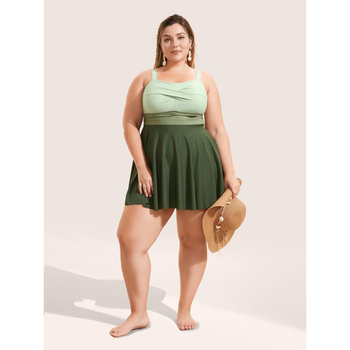 Plus Size Twist Front Patchwork Adjustable Straps Swim Dress Women's Swimwear ArmyGreen Beach Bodycon Heart neckline High stretch Curve Swim Dresses BloomChic 14-16/1X Product Image