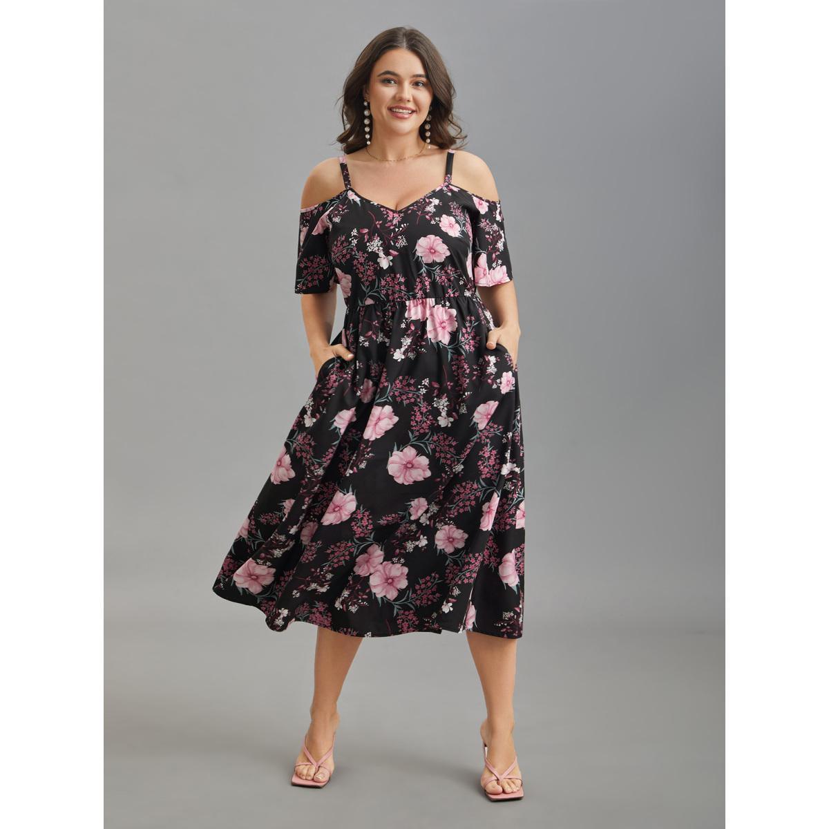Plus Size Floral Print Cold-Shoulder Pockets Midi Dress Black Women Elegant Non Heart neckline Short sleeve Curvy BloomChic 12/L Product Image