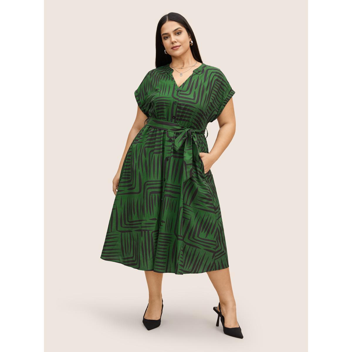 Plus Size Geometric Button Detail Cuffed Sleeve Dress DarkGreen Women At the Office Belted V-neck Short sleeve Curvy BloomChic 10/M Product Image