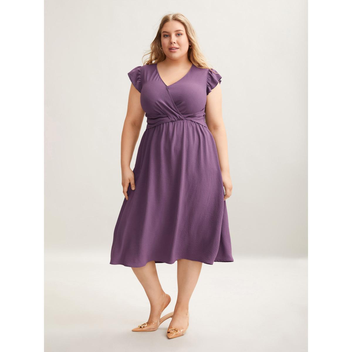 Plus Size Solid Surplice Neck Pockets Midi Dress Mauve Women At the Office Twist Overlap Collar Cap Sleeve Curvy BloomChic 10/M Product Image
