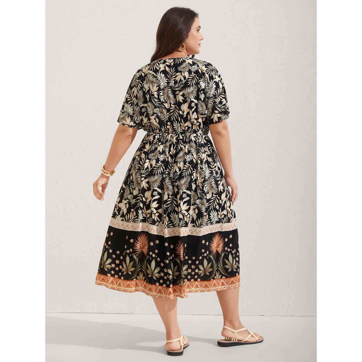 Plus Size Rayon Floral Print Button Detail Midi Dress BlackFlower Women V-neck Cap Sleeve Curvy BloomChic 18-20/2X Product Image