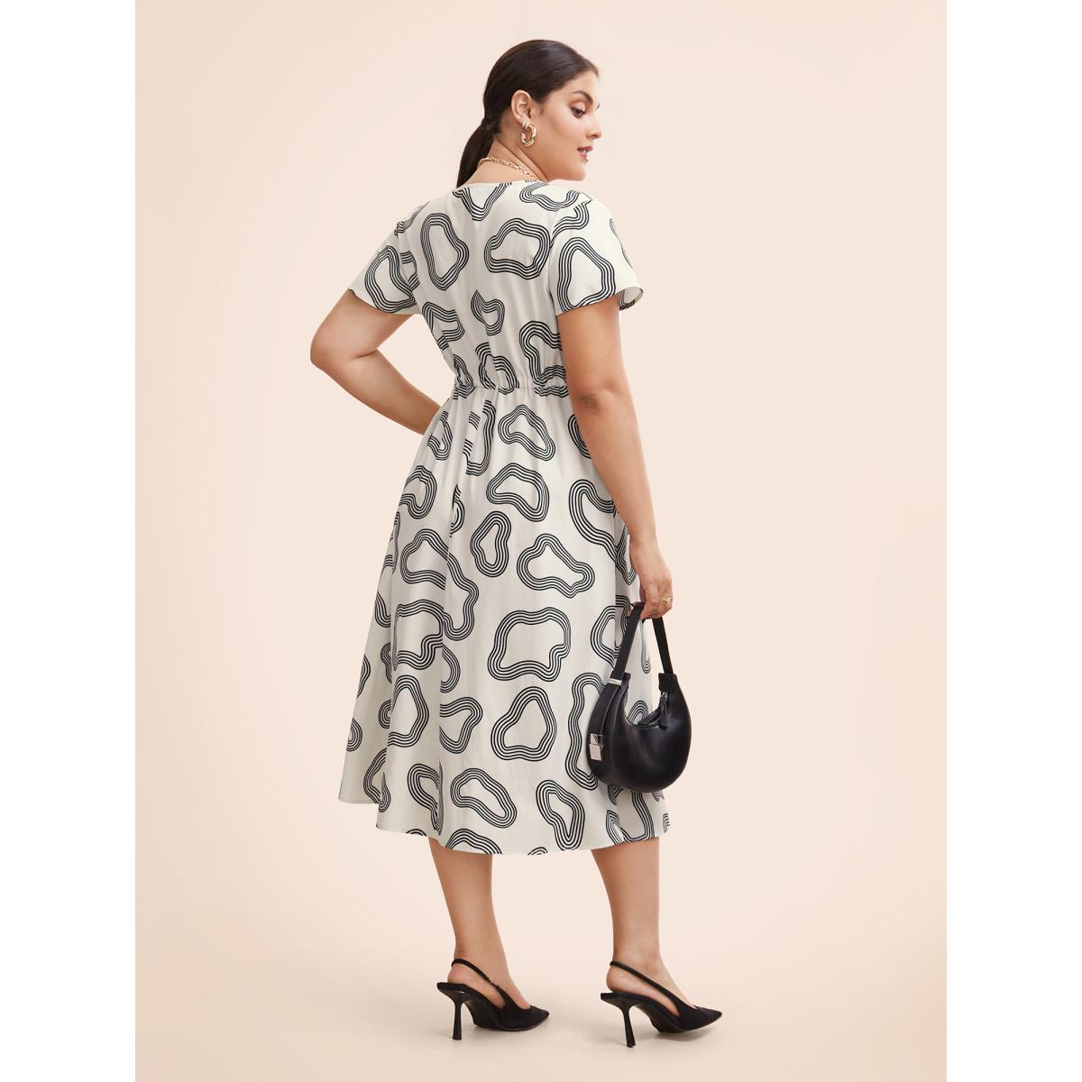 Plus Size V Neck Geometric Drawstring Midi Dress Beige Women Workwear Essentials Drawstring V-neck Short sleeve Curvy BloomChic 14-16/1X Product Image