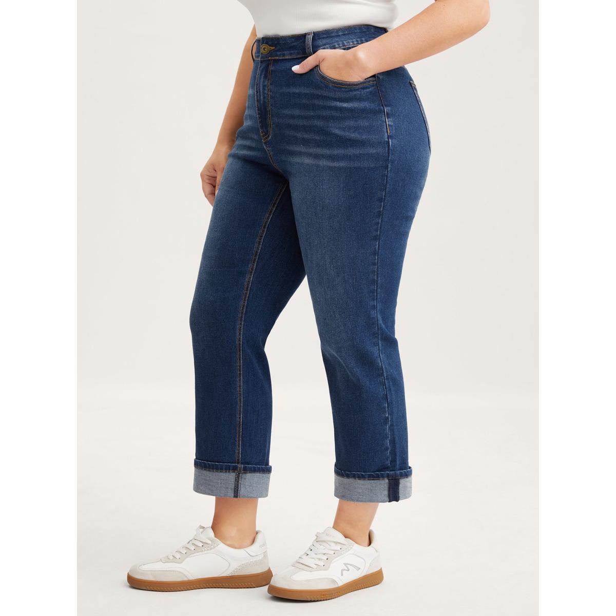 Plus Size Stretch Rolled Hem Straight-Leg Jeans Women Denimblue High stretch Slanted pocket Jeans BloomChic 18/2X Product Image