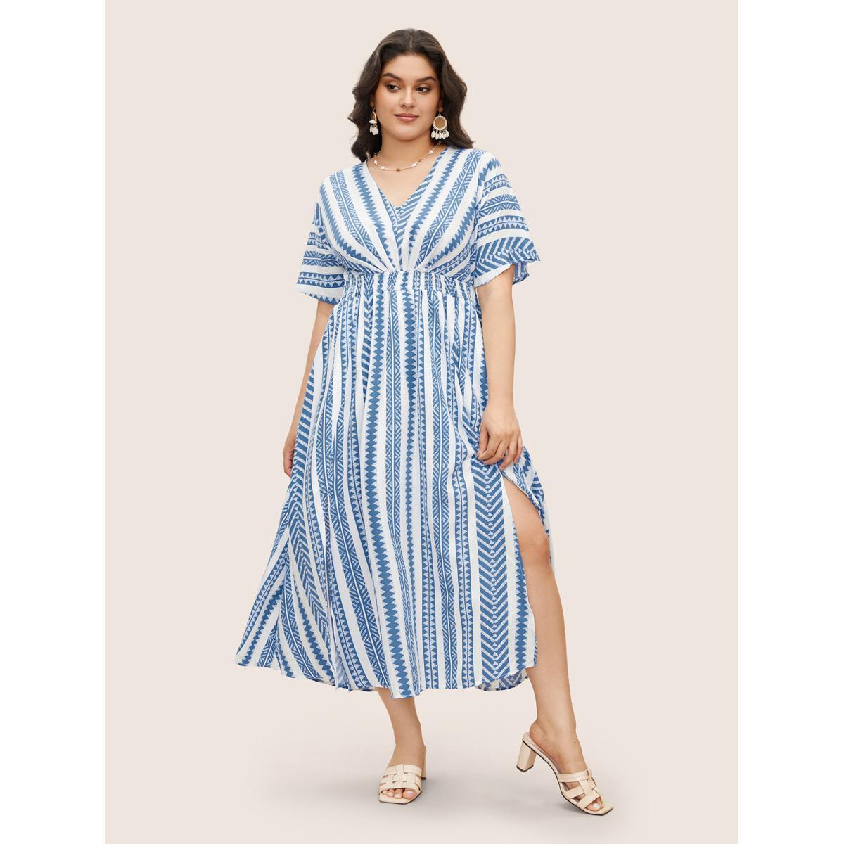 Plus Size Solid Geometric Dolman Sleeve Pocket Shirred Split Hem Dress Blue Women Resort Non V-neck Half Sleeve Curvy Long Dress BloomChic 28/5X Product Image