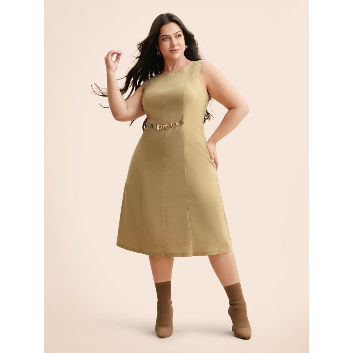 Plus Size Round Neck Metal Chain Detail Tank Dress Champagne Women Elegant Non Round Neck Sleeveless Curvy BloomChic 22-24/3X Product Image