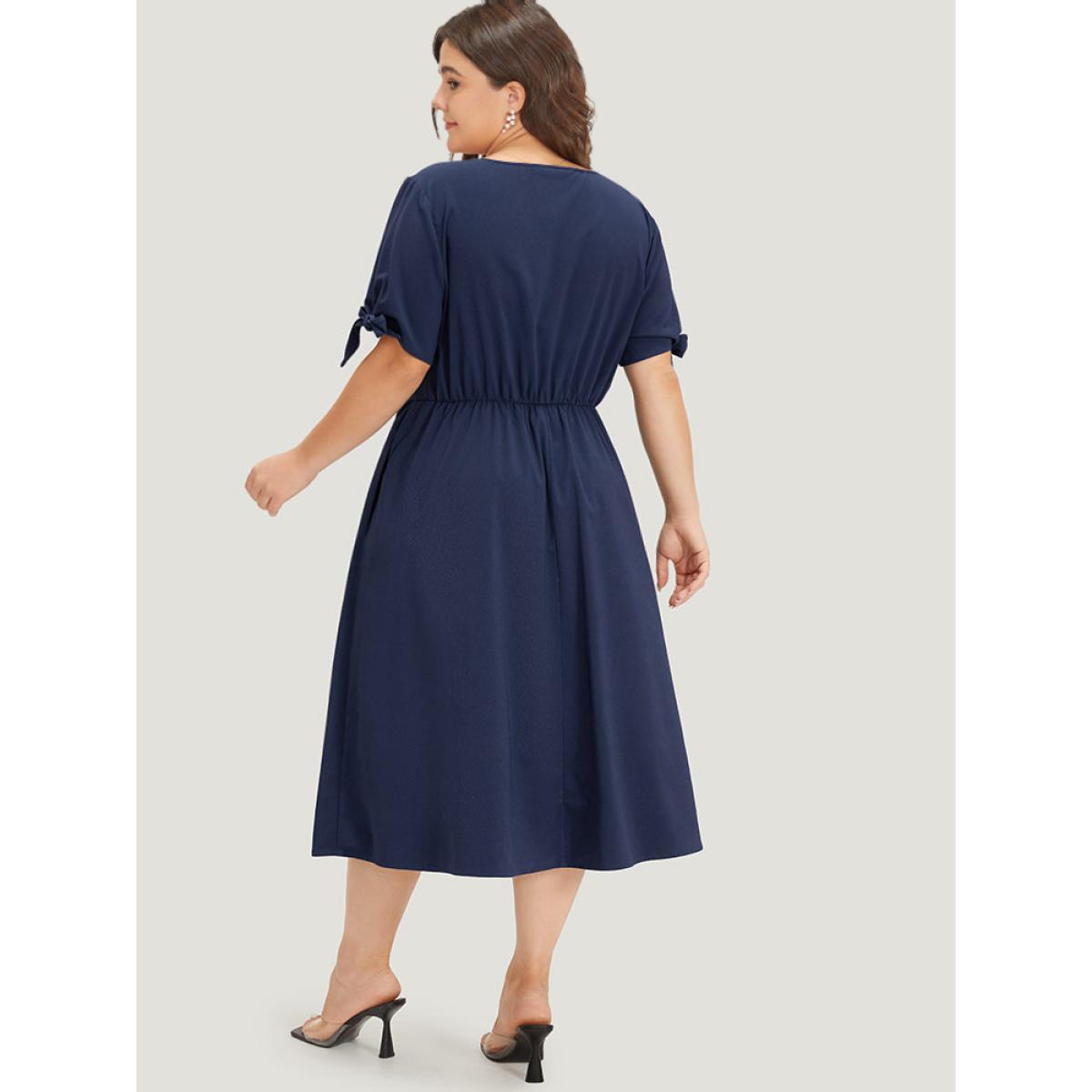 Plus Size Plain Pocket Button Detail V Neck Plicated Knot Dress Indigo Women Elegant Plain V-neck Short sleeve Curvy Midi Dress BloomChic 22-24/3X Product Image