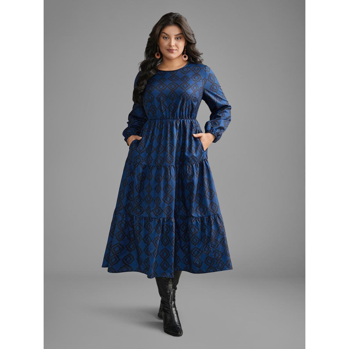 Plus Size Bandana Geometric Ruffle Layered Hem Dress Indigo Women Resort Non Round Neck Long Sleeve Curvy BloomChic 26/4X Product Image