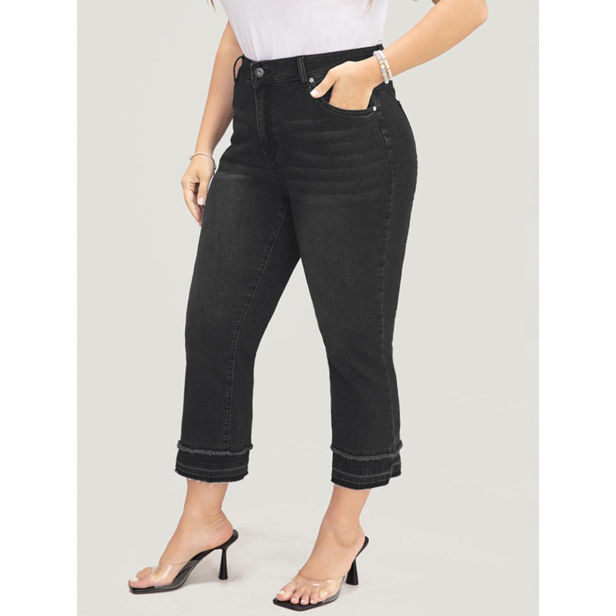 Plus Size Bootcut Very Stretchy High Rise Dark Wash Fringe Detail Jeans Women Black Casual Plain High stretch Slanted pocket Jeans BloomChic 30/6X Product Image