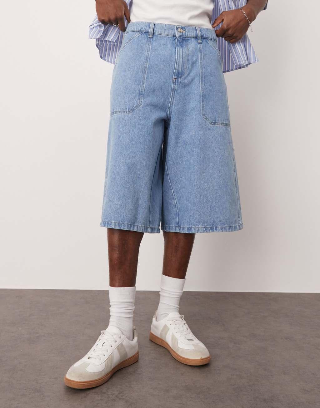 ASOS DESIGN denim jorts in mid wash Product Image