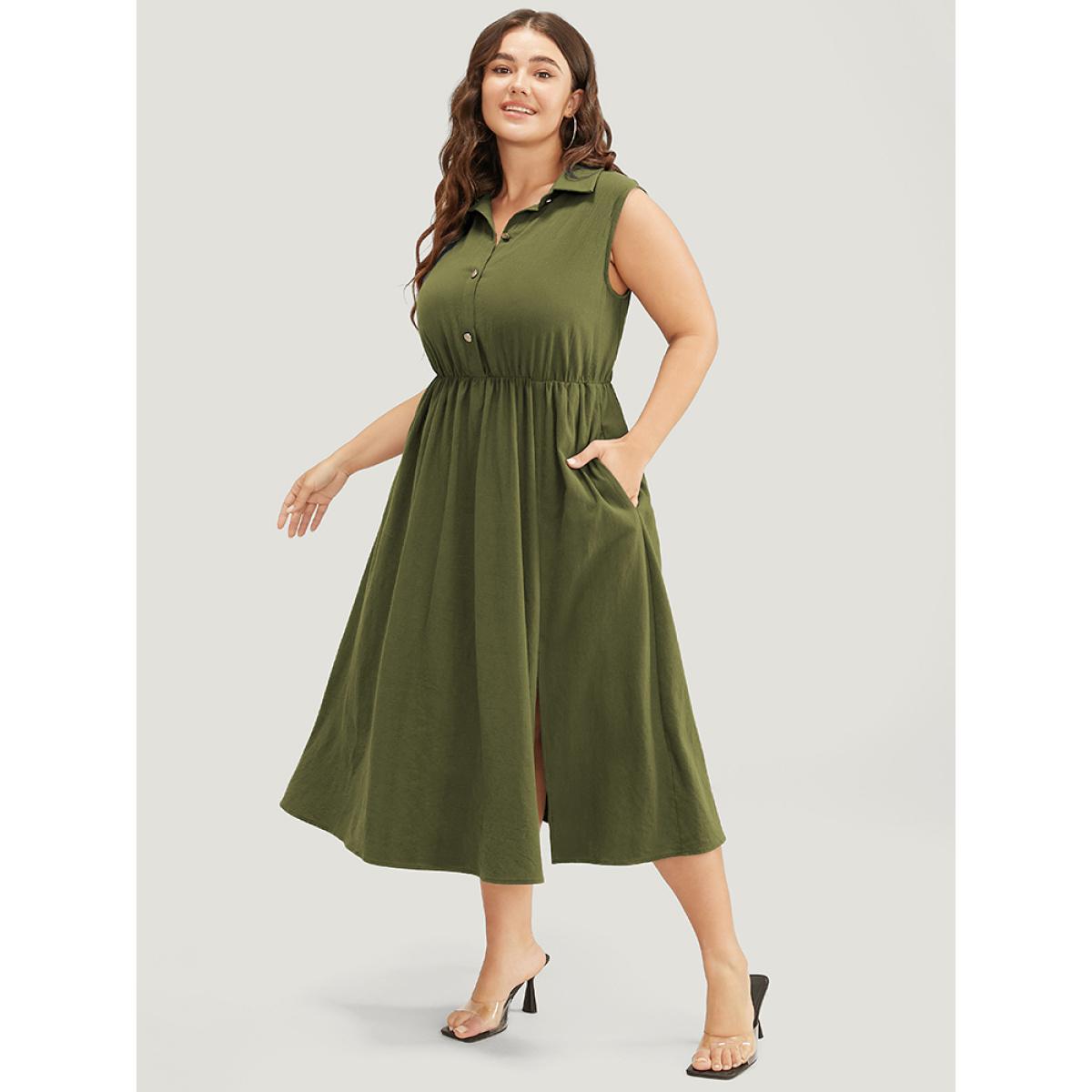 Plus Size Solid Shirt Collar Sleeveless Pocket Button Up Split Hem Dress ArmyGreen Women Office Button Shirt collar Sleeveless Curvy Midi Dress BloomChic 12/L Product Image