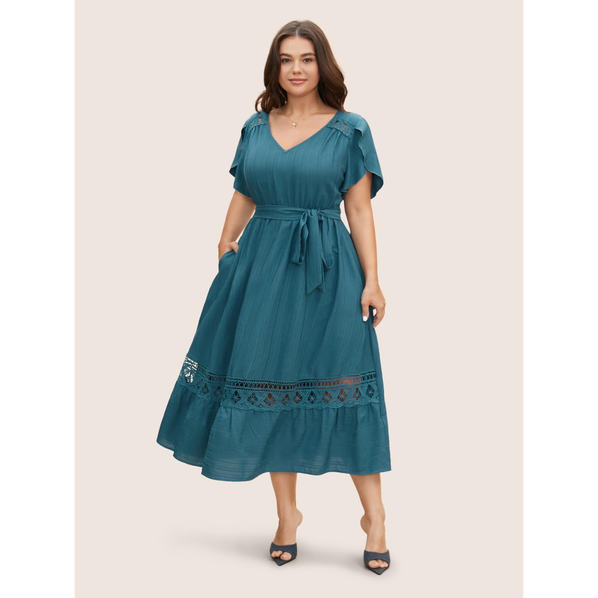 Plus Size Solid Crochet Lace Petal Sleeve Dress Aegean Women Elegant Woven ribbon&lace trim V-neck Short sleeve Curvy BloomChic 10/M Product Image