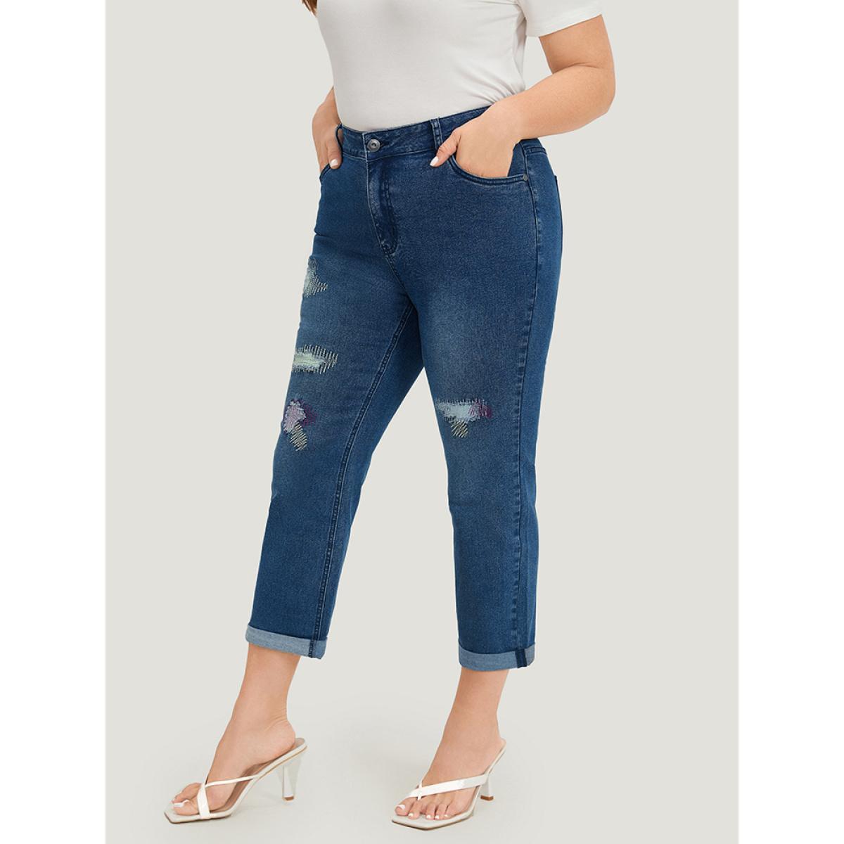 Plus Size Ripped Embroidered Roll Hem Very Stretchy Jeans Women Stone Casual Plain Distressed High stretch Pocket Jeans BloomChic 26/4X Product Image