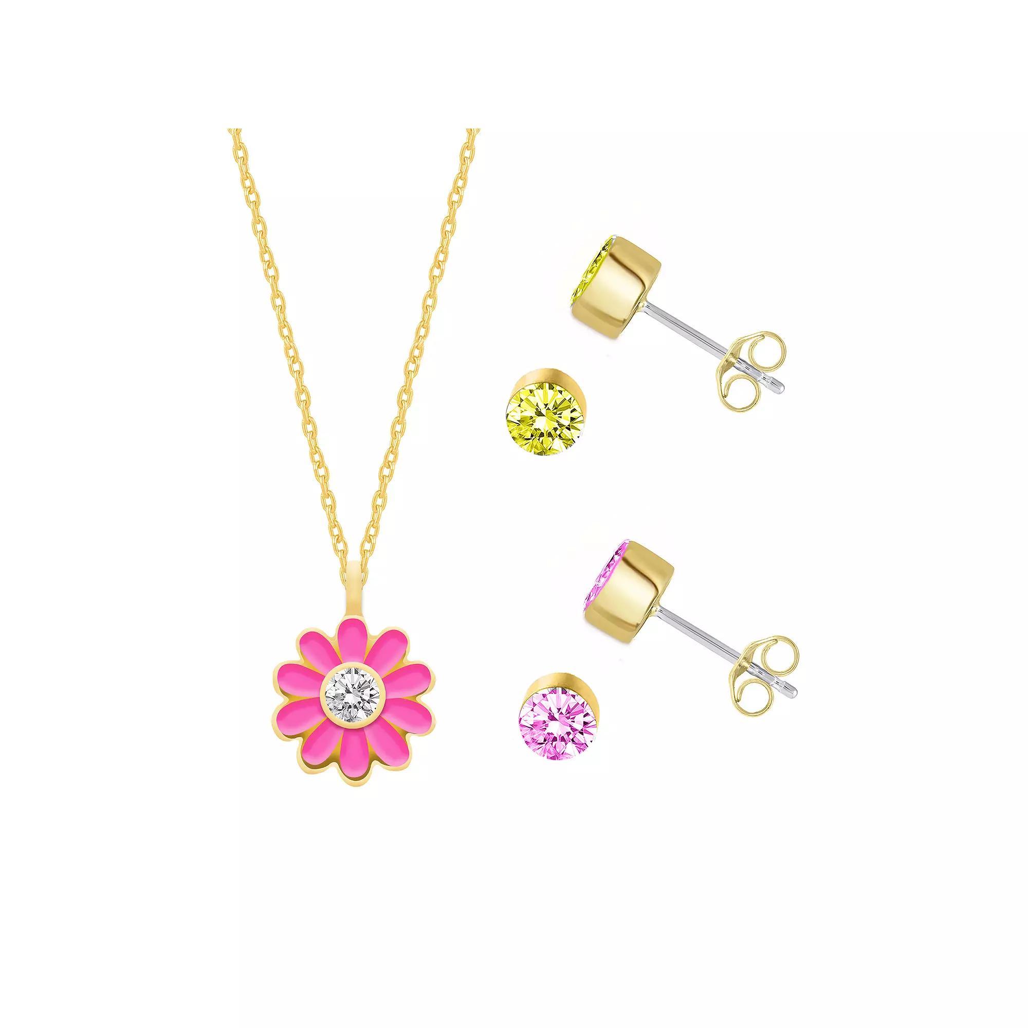 Royal Aura Gold Tone Enamel & Crystal Flower Power Pendant Necklace & Two Pair Stud Earrings Set, Women's, Size: 17", Gold Tone Team Product Image