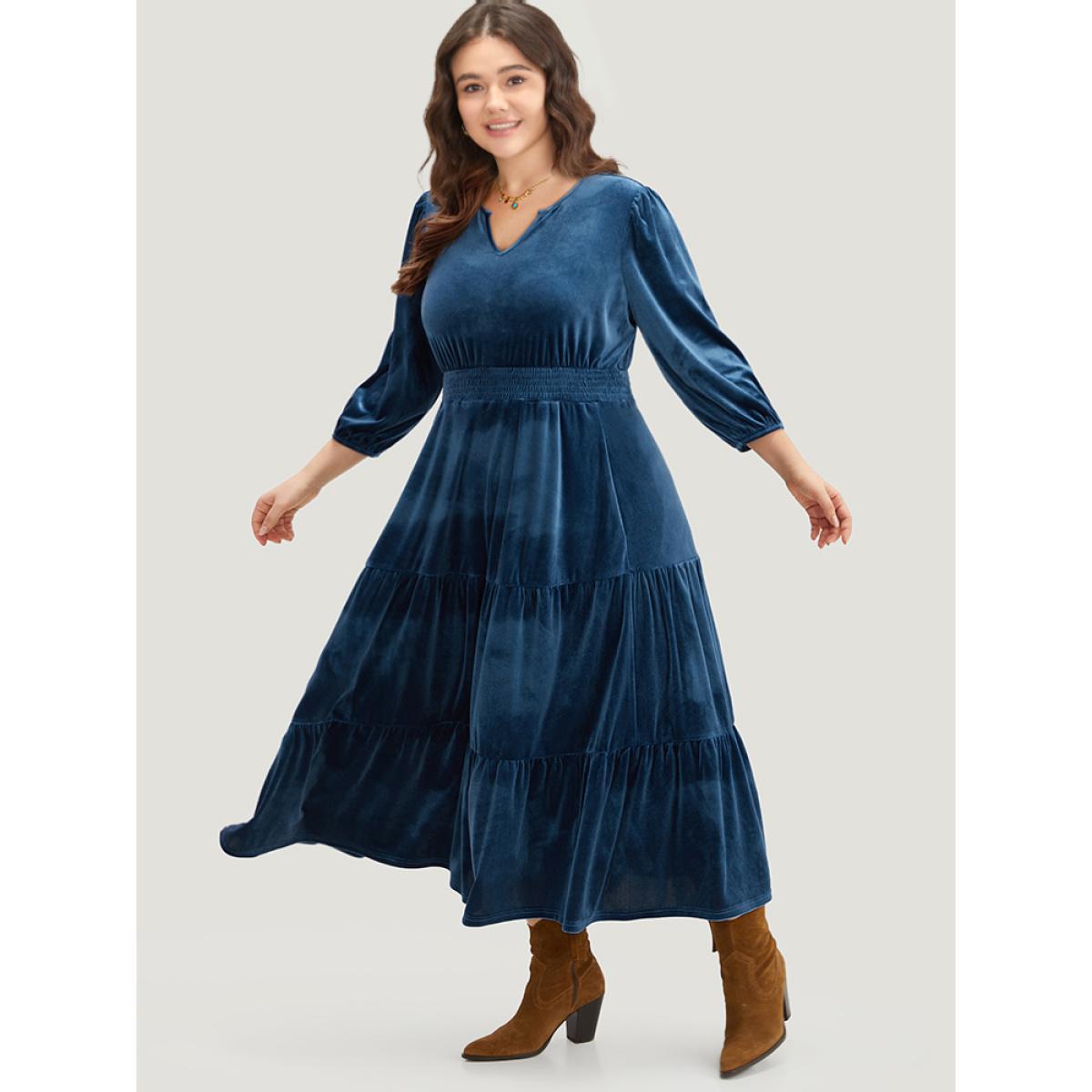 Plus Size Velvet Solid Notched Shirred Tiered Hem Dress Cerulean Women Vacation Elastic cuffs Notched collar Elbow-length sleeve Curvy Midi Dress BloomChic 30/6X Product Image