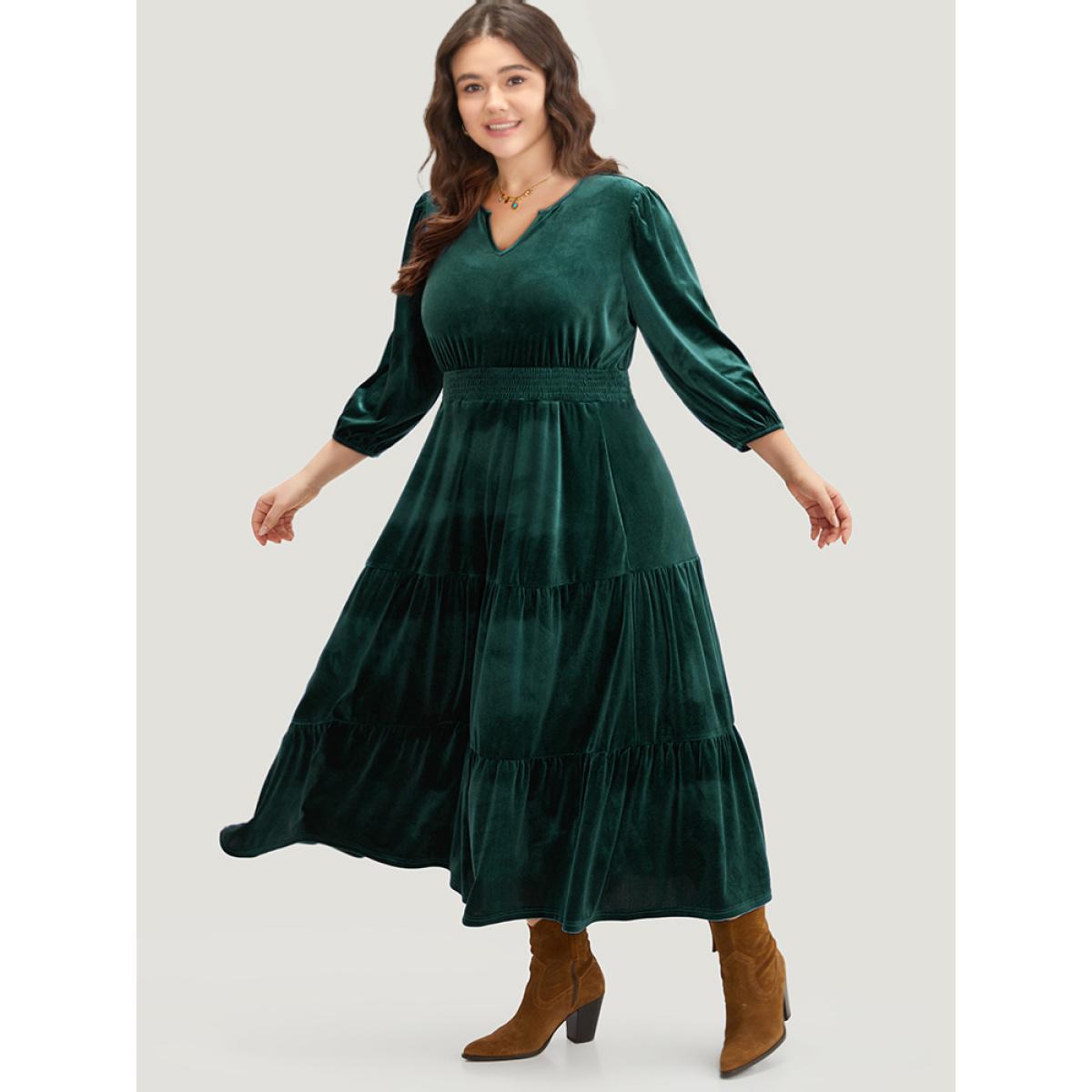 Plus Size Velvet Solid Notched Shirred Tiered Hem Dress DarkGreen Women Vacation Elastic cuffs Notched collar Elbow-length sleeve Curvy Midi Dress BloomChic 10/M Product Image