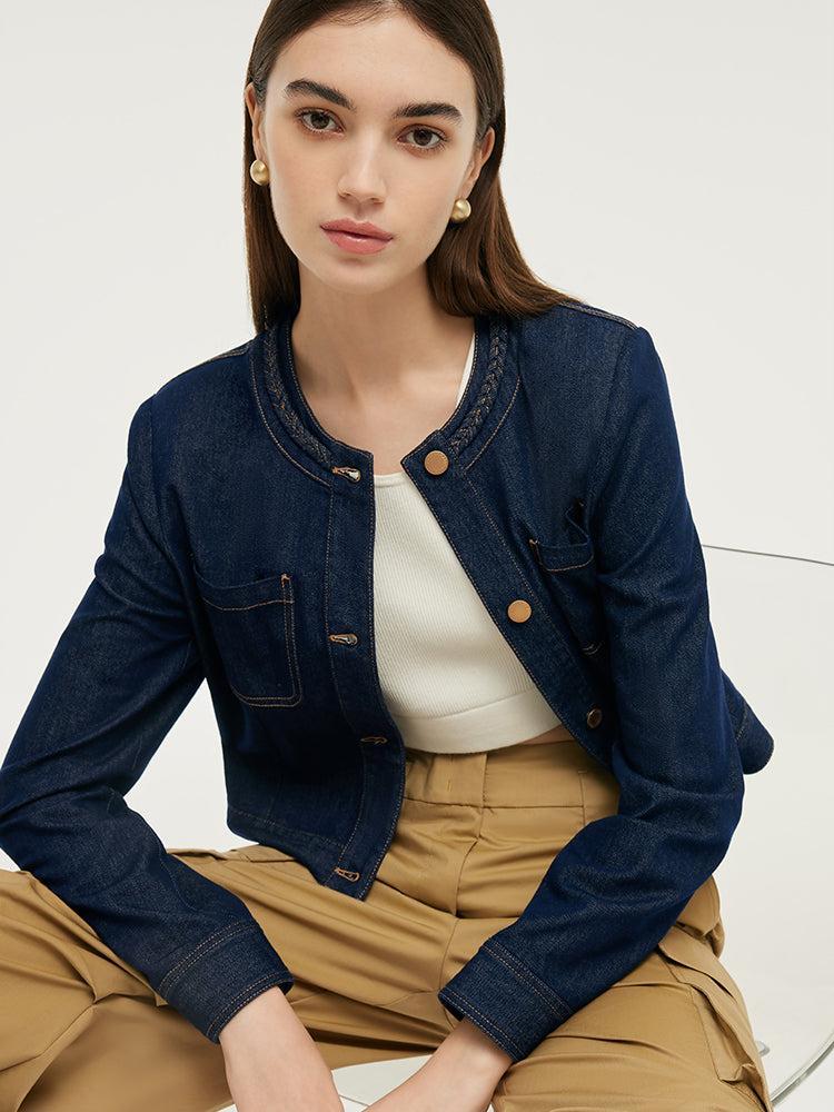 Round Neck Women Crop Denim Jacket Product Image