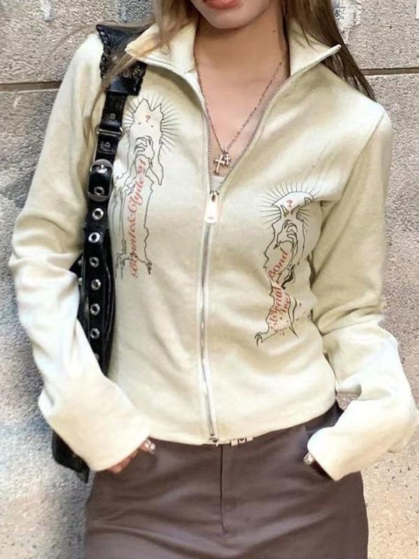 Vintage Print Lapel Neck Zip Up Long Sleeve Knit Product Image
