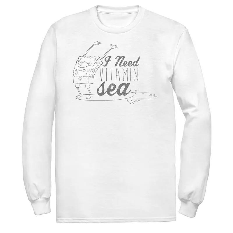 Men's Spongebob Squarepants Surfing I Need Vitamin Sea Long Sleeve Tee, Size: Medium, White Product Image