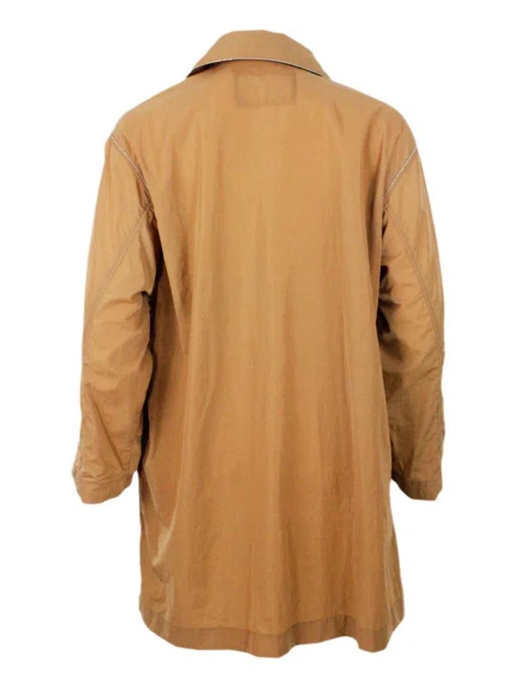 FABIANA FILIPPI Lightweight Nylon Windproof Outerware With Collar And Button Closure Embellished With Rows Of Brilli In Brown Product Image