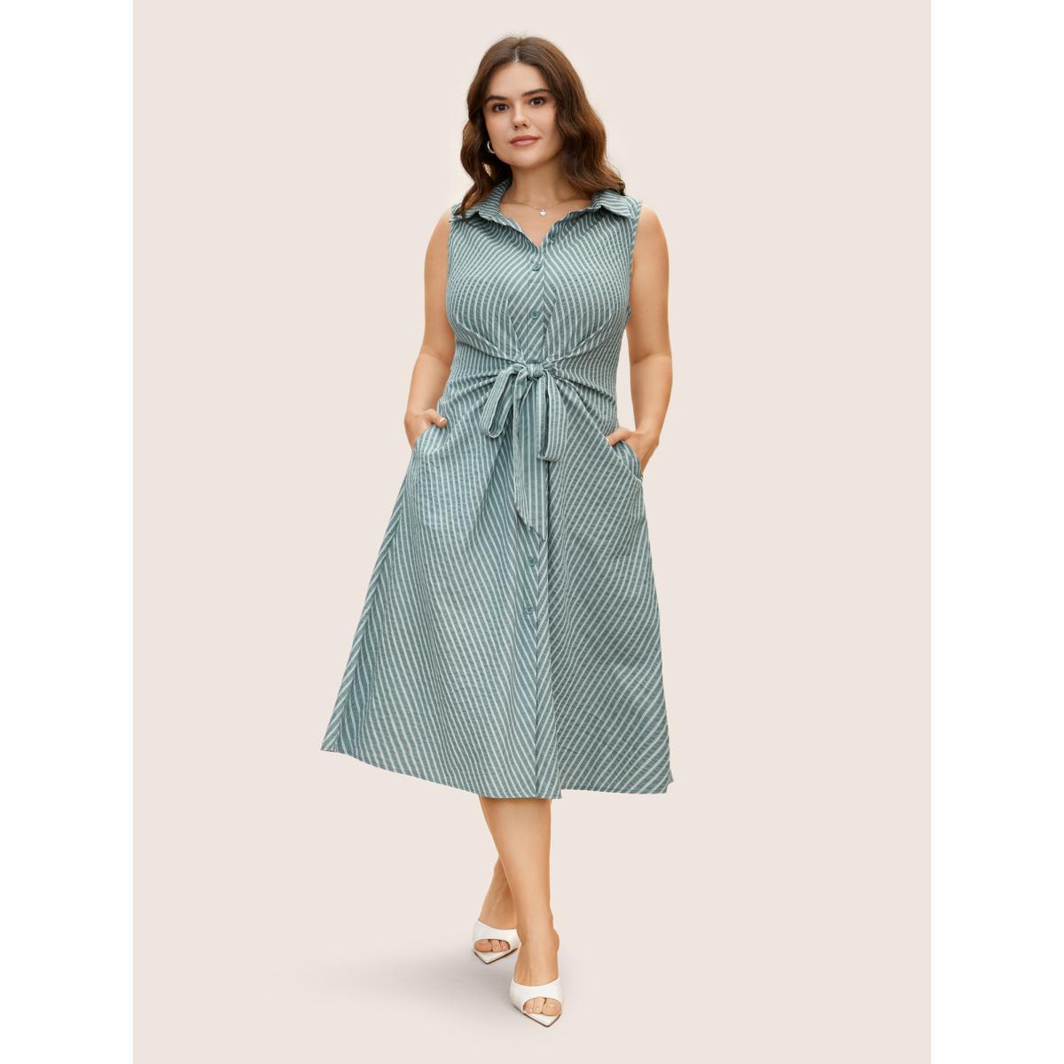 Plus Size Shirt Collar Striped Midi Tank Dress Palemauve Women At the Office Tie knot Shirt collar Sleeveless Curvy BloomChic 18-20/2X Product Image