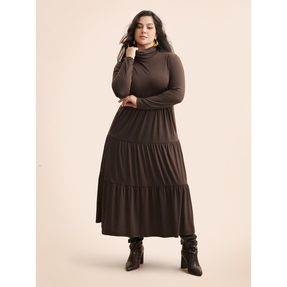 Plus Size Supersoft Essentials Funnel Neck Tiered Midi Dress DarkBrown Women Casual Ruffles Mock Neck Long Sleeve Curvy BloomChic 18-20/2X Product Image