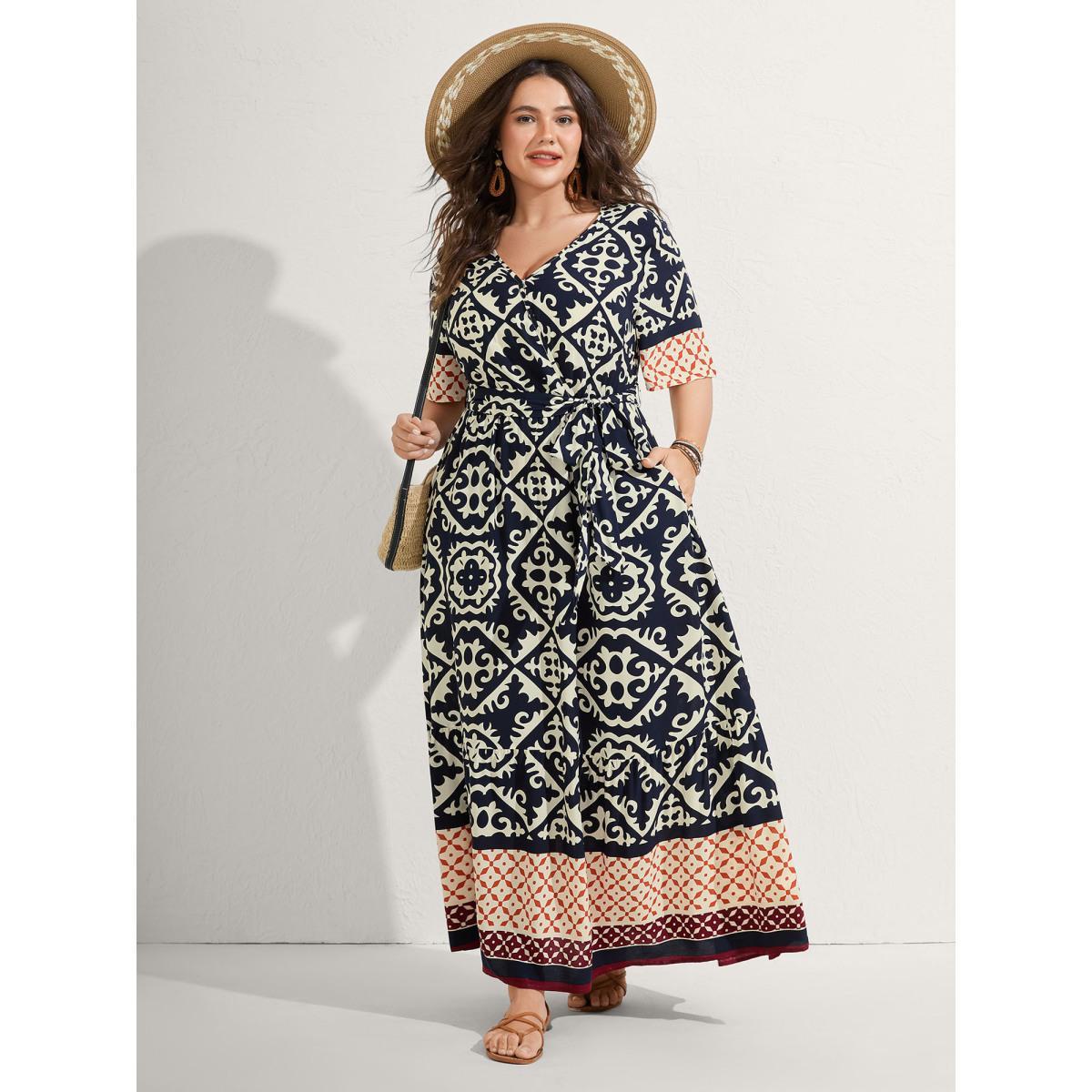 Plus Size Boho Print Side Tie Maxi Dress Midnight Women Belted V-neck Short sleeve Curvy BloomChic 10/M Product Image