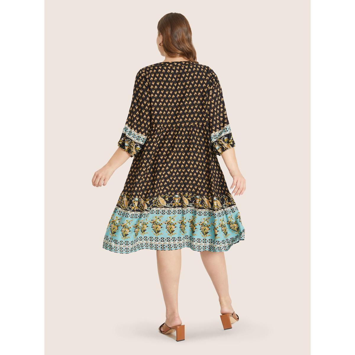 Plus Size Bandana Tassels Lantern Sleeve Ruffle Pocket Keyhole Neck Dress Black Women Resort V-neck Elbow-length sleeve Curvy Midi Dress BloomChic 26/4X Product Image