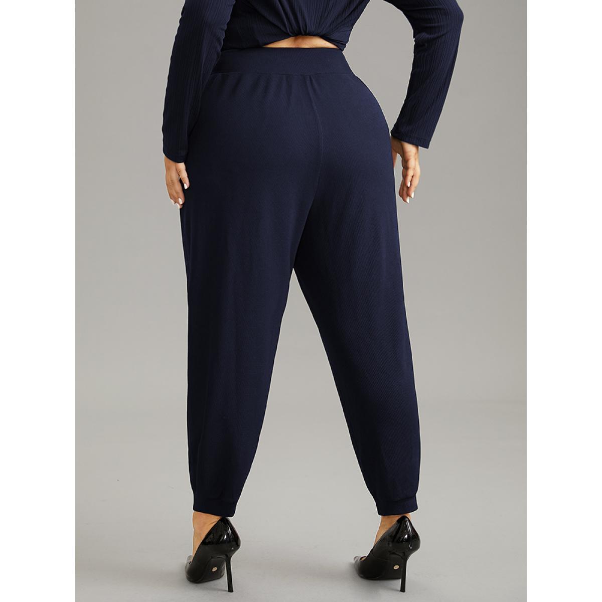 Plus Size Crossover Plain Texture High Rise Pants Women DarkBlue Casual High Rise Everyday Pants BloomChic 30/6X Product Image