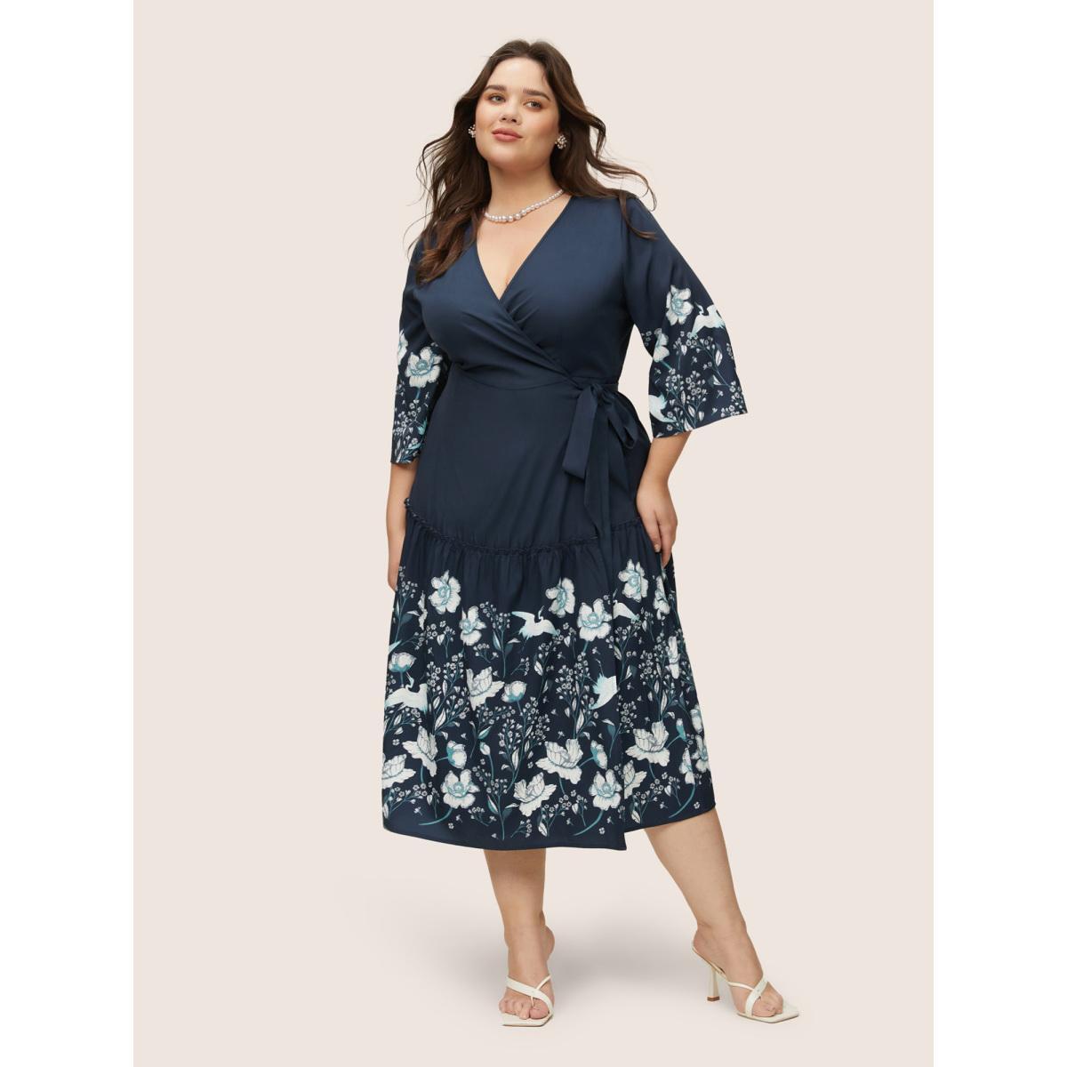 Plus Size Bandana Print Knotted Overlap Collar Bell Sleeve Dress DarkBlue Women Elegant Non Overlap Collar Elbow-length sleeve Curvy Midi Dress BloomChic 26/4X Product Image