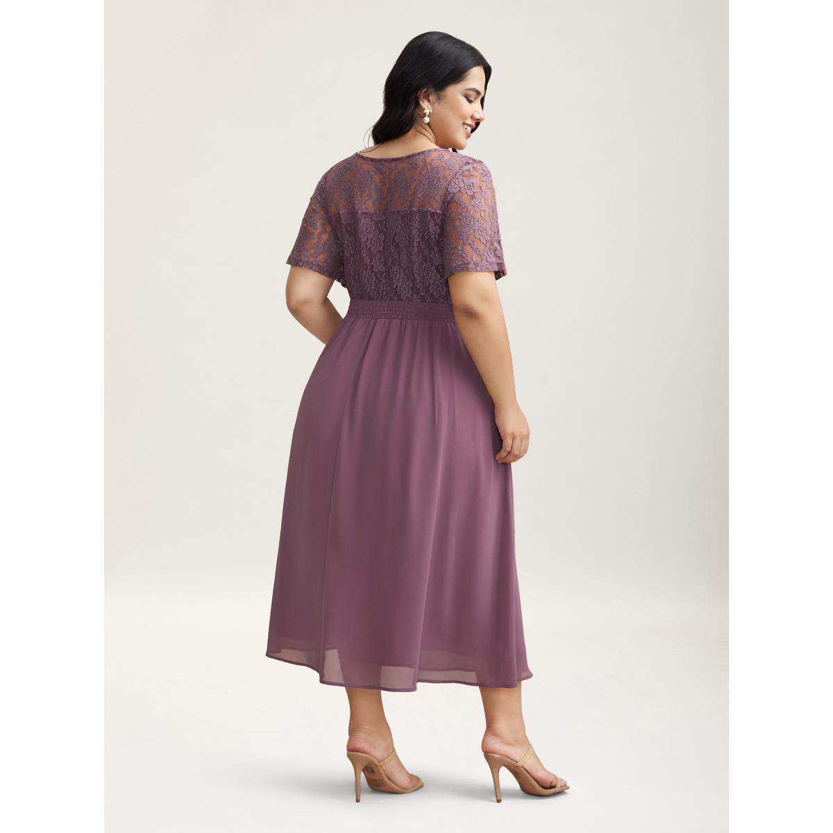 Plus Size Chiffon Lace Waist-Defining Midi Dress Heather Women Elegant Texture Round Neck Short sleeve Curvy BloomChic 14-16/1X Product Image