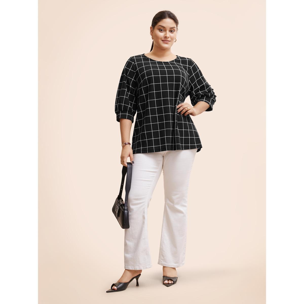 Plus Size Plaid Round Neck Lantern Sleeve T-shirt Burgundy Women At the Office Printed Plaid Round Neck Work T-shirts BloomChic 10/M Product Image