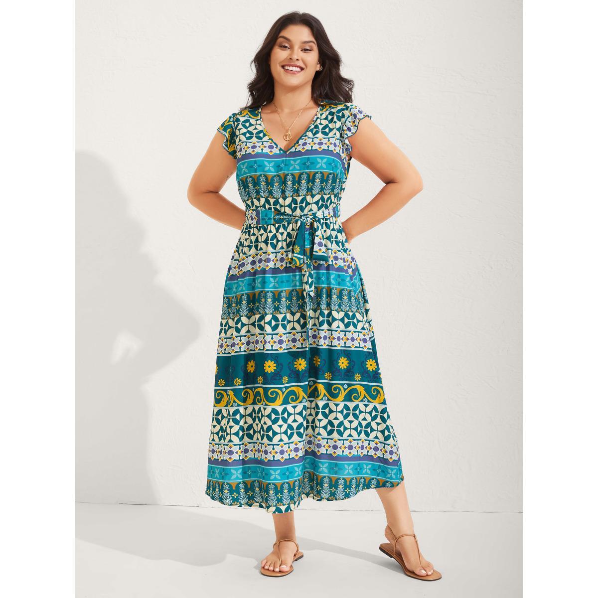 Plus Size Rayon Boho Stretchy Waist Pockets Midi Dress Multicolor Women V-neck Cap Sleeve Curvy BloomChic 18-20/2X Product Image
