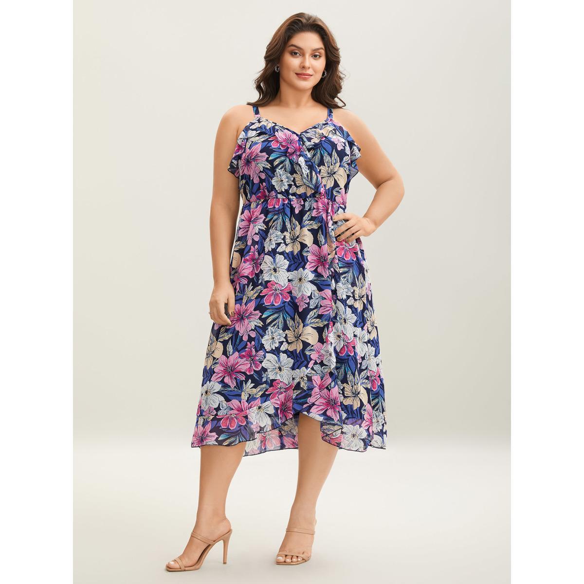 Plus Size Large Flower Print Overlap Hem Midi Dress Navy Women Non Sleeveless Curvy BloomChic 12/L Product Image