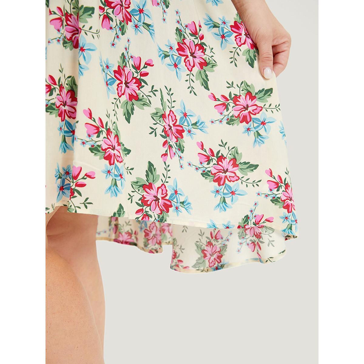 Plus Size Floral Print Open Front Knot Guipure Lace Ruffles Kimono Women Beige Vacation Printed Dailywear Kimonos BloomChic 22-24/3X Product Image