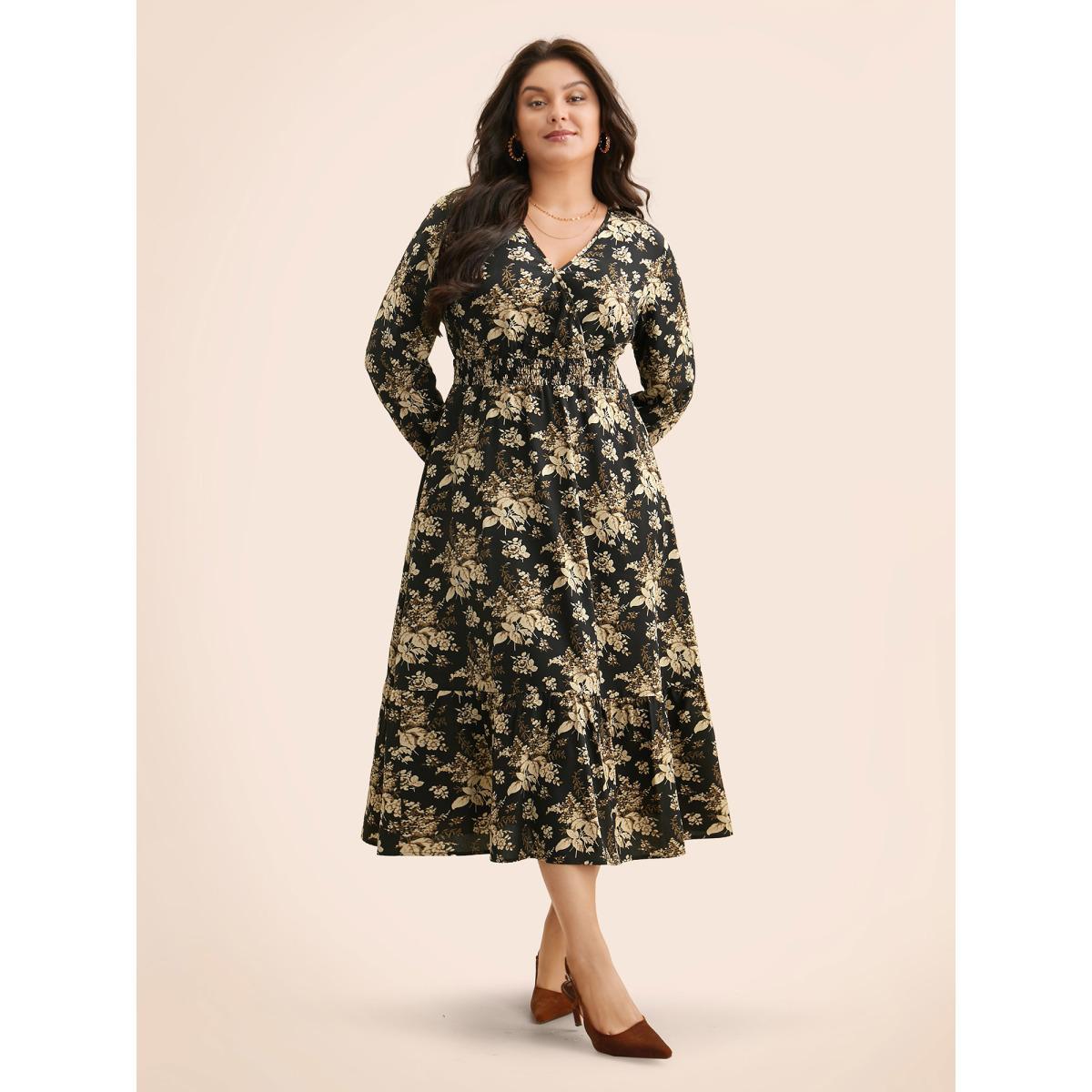 Plus Size Floral Overlap Collar Shirred Midi Dress BlackFlower Women Elegant Shirred Overlap Collar Long Sleeve Curvy BloomChic 26/4X Product Image