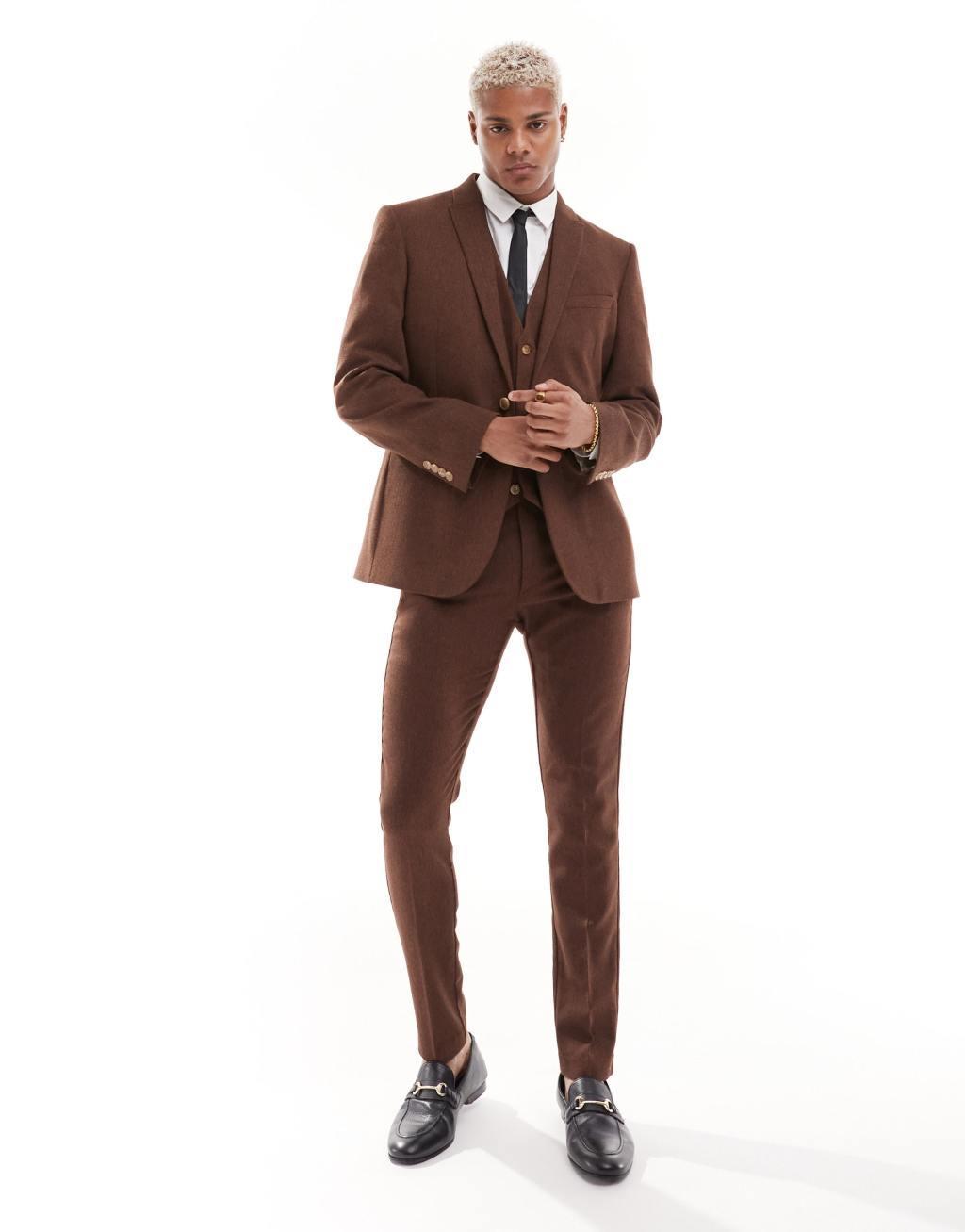 ASOS DESIGN wedding skinny wool mix suit jacket in brown basketweave texture Product Image