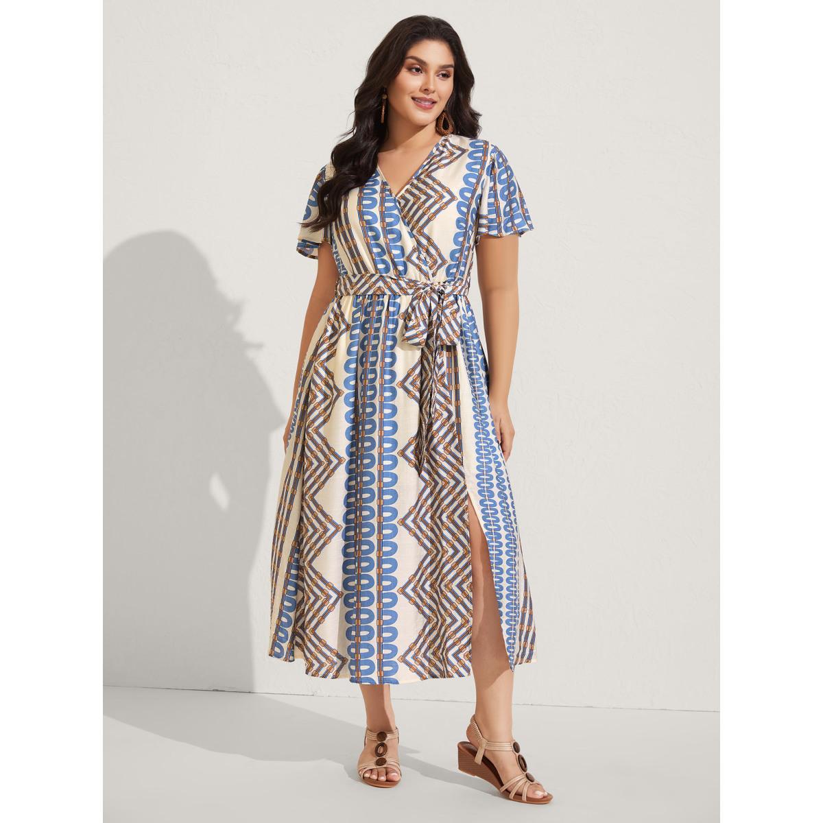 Plus Size Stripe Geometric Print Slit Maxi Dress Aegean Women Overlap Collar Sleeveless Curvy BloomChic 18-20/2X Product Image