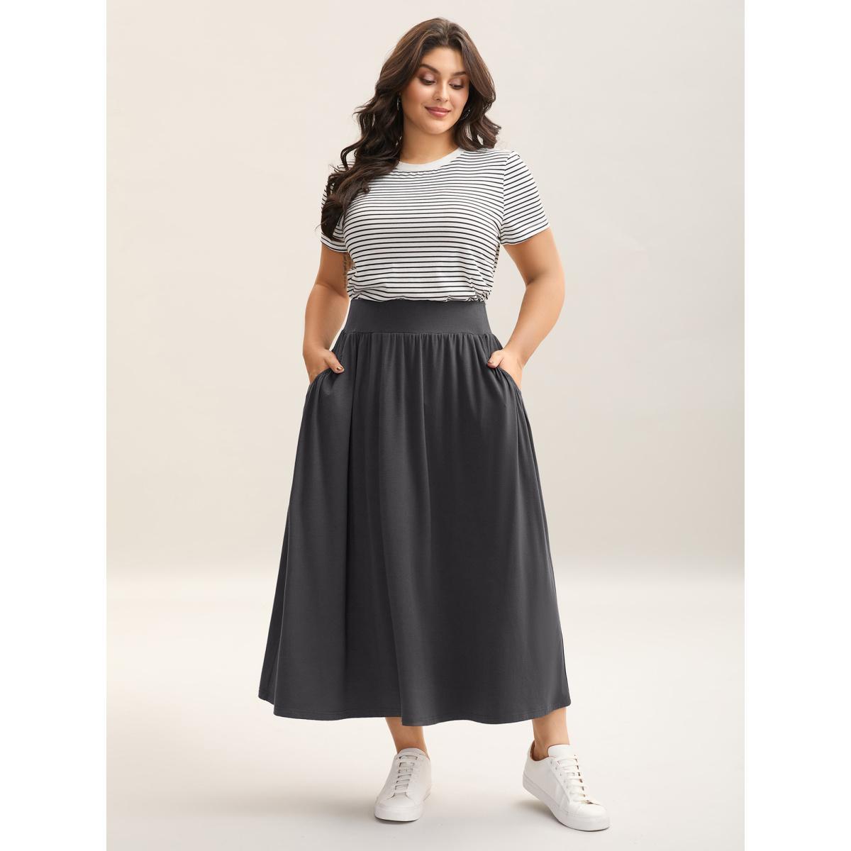 Plus Size Supersoft Wide Waistband Pleated Plain Midi Skirt Women DimGray Elegant Gathered Medium stretch Slanted pocket Everyday Skirts BloomChic 30/6X Product Image